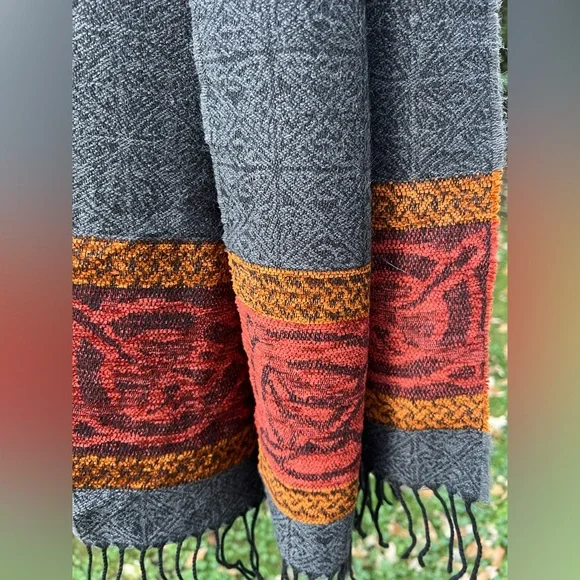 🐑 🇮🇪Unisex Charcoal/Red/Orange Woven Scarf Wool Blend Fringed Scarf 15”W x 63”L - Picture 16 of 17